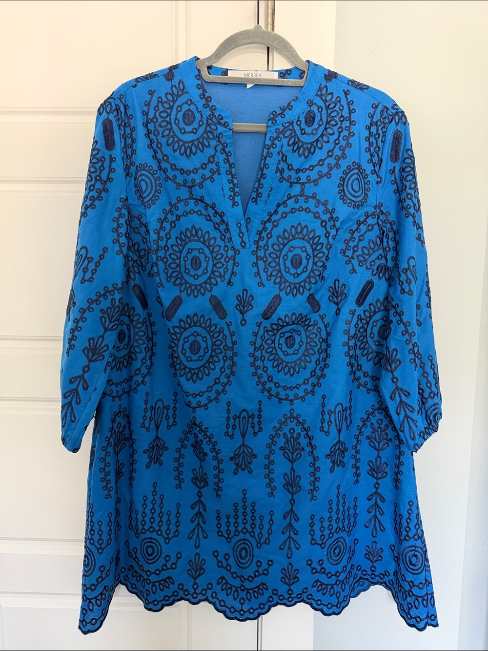 Mersea Co Blue and Navy Embroidered Mini Dress - Sz Medium (new without tags)